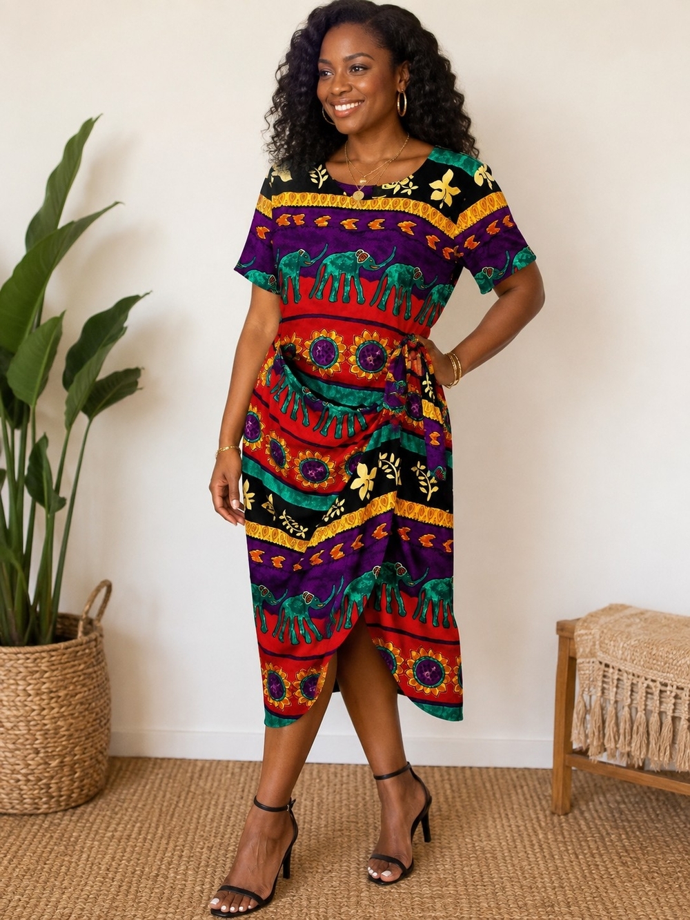 Vtg 90s WNY Willys New York Elephant Sunflower Print Faux Wrap Midi Dress